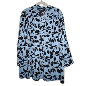 Women's Blue Black Floral V-Neck Blouse Size 2X 3/4 Sleeve feminine business